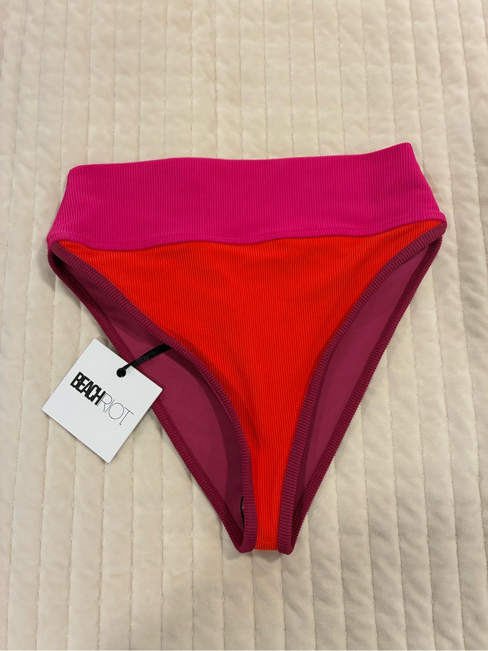BEACH RIOT Women’s High-Waist Colorblock Bikini Bottom in Pink & Red New Medium